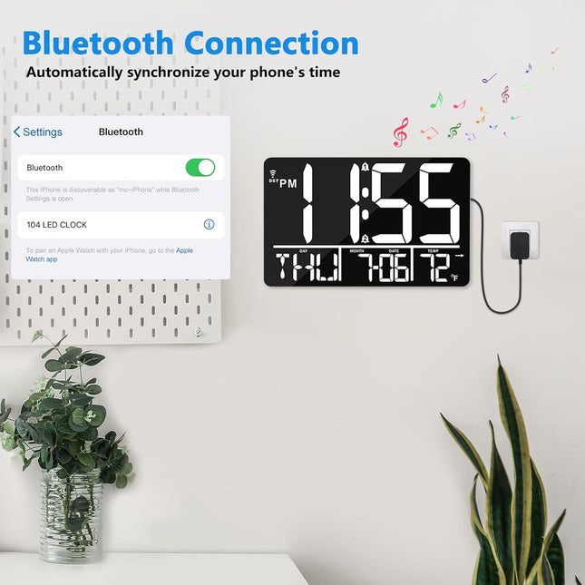Bluetooth Digital Wall Clock with Remote, Auto DST & 25 Alarm Tones