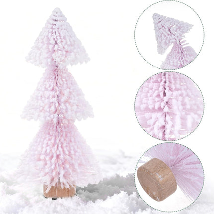 5PCS Mini Christmas Trees Pink Bottle Brush Trees with Wooden Base Decor