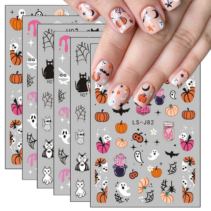 6-Piece Halloween Nail Art Stickers, 3D Ghost Pumpkin Bat Cat Skull Nail Decals