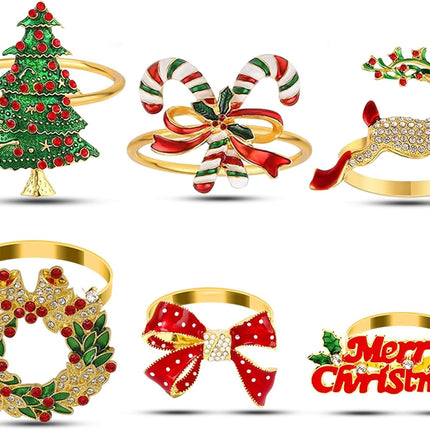Christmas Metal Napkin Rings Set of 6, Holiday Dinner Party Table Decor
