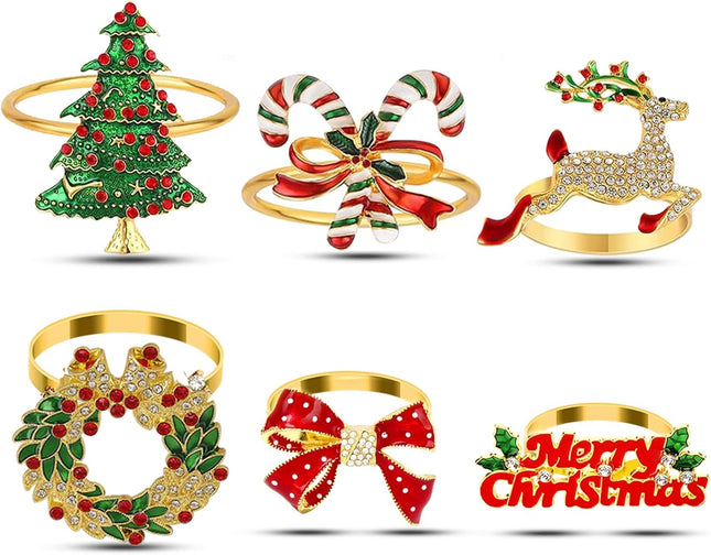 Christmas Metal Napkin Rings Set of 6, Holiday Dinner Party Table Decor
