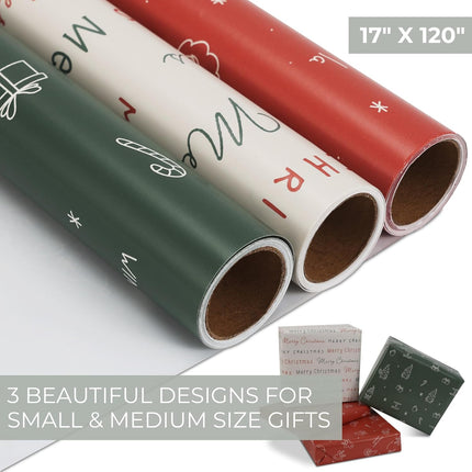 3 Pack Christmas Gift Wrapping Paper Rolls – 17"x120" Cute Holiday Designs