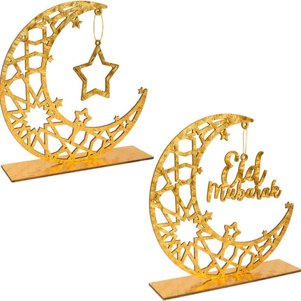 2-Piece Golden Wooden Eid Mubarak Table Sign Moon & Star Decor 8x7.67"