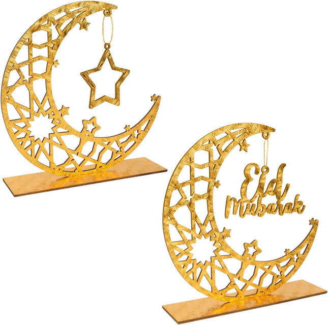 2-Piece Golden Wooden Eid Mubarak Table Sign Moon & Star Decor 8x7.67"
