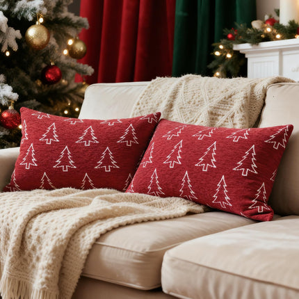2 Pack Chenille Christmas Pillow Covers 12x20 Red Snowflake & Christmas Tree Cozy Farmhouse Holiday Cushion