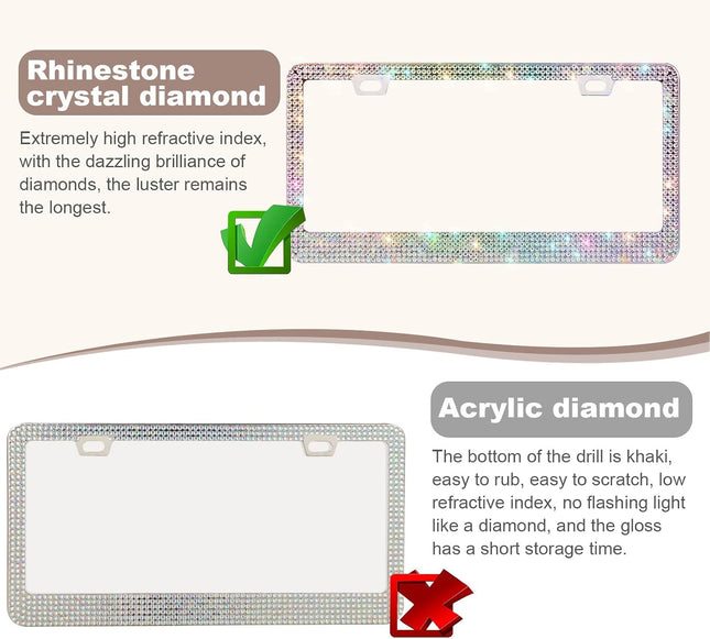 2-Pack Bling License Plate Frames for Women, Rhinestone Crystal Car Accessories