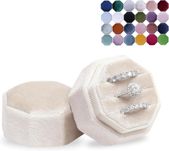 Velvet Jewelry Ring Box – Triple Slots, Engagement & Wedding, Champagne