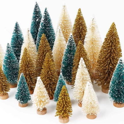 24 pcs Mini Christmas Bottle Brush Trees with Wood Bases Holiday Table Decor