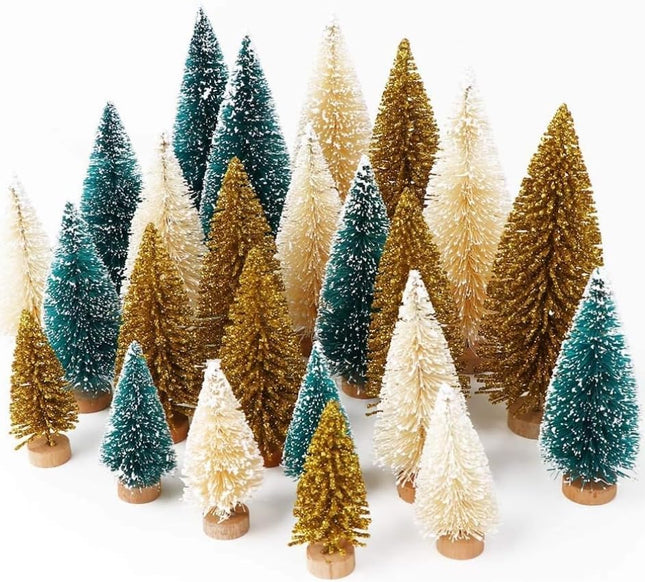 24 pcs Mini Christmas Bottle Brush Trees with Wood Bases Holiday Table Decor