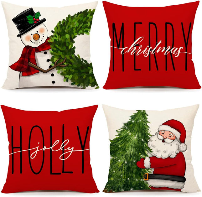 Christmas Throw Pillow Covers Set of 4 – 18x18 Red Holiday Cushion Cases