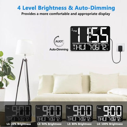 Bluetooth Digital Wall Clock with Remote, Auto DST & 25 Alarm Tones
