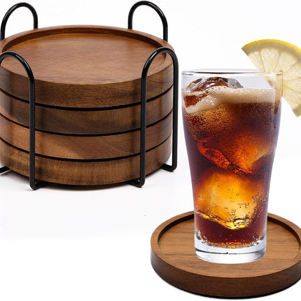 4-Piece Wooden Drink Coasters with Holder – Absorbent Table Protection Set