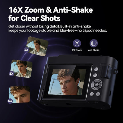 4K Digital Camera 50MP 16X Zoom Flip Screen Compact Camera for Teens