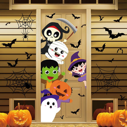 2-Sheet Halloween Door Stickers, Pumpkin Ghost Skull Witch Wall Decals, 35.4x11.8in
