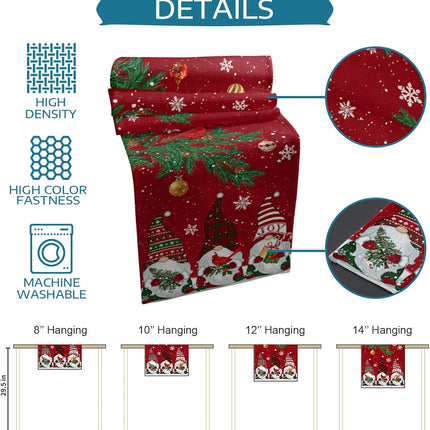 Christmas Red Table Runner – 72" Cotton Linen Gnomes & Cardinals Decor