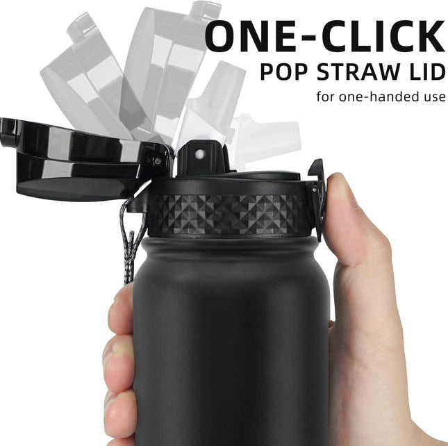 20oz Stainless Steel Insulated Water Bottle – Leakproof, Straw Lid, Black