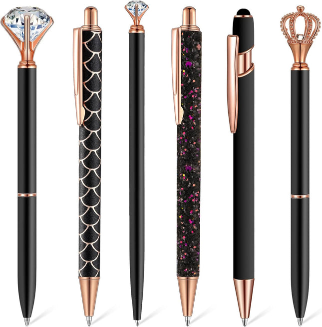 6-Pcs Fancy Ballpoint Pen Set – Metal Crystal Diamond Pens for Journaling & Gifts (Black Ink)