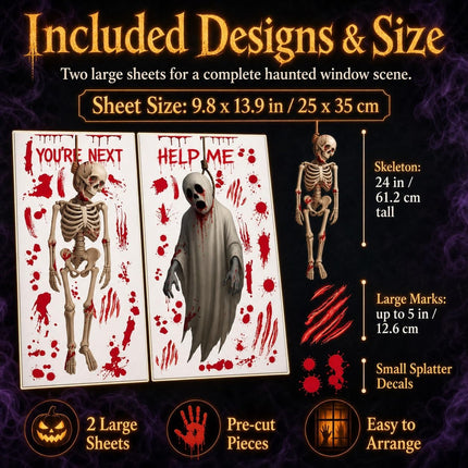 Scary Halloween Window Clings, Bloody Skeleton Ghost Pumpkin Bat Spider Decals