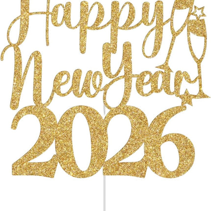 Gold Glitter Happy New Year 2026 Cake Topper NYE Party Decorations