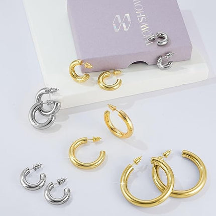 Women’s 14K Gold Plated Chunky Hoop Earrings Small Lightweight Jewelry Set Sizes