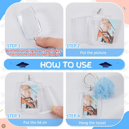 6PCS Christmas Photo Keychains – Acrylic with Colorful Fluffy Poms