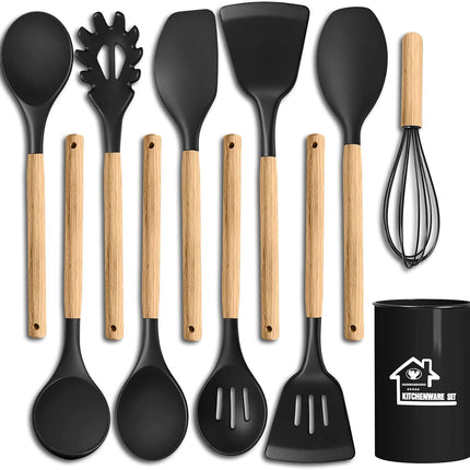 10PCS Silicone Cooking Utensil Set Heat Resistant Nonstick Kitchen Tools Black