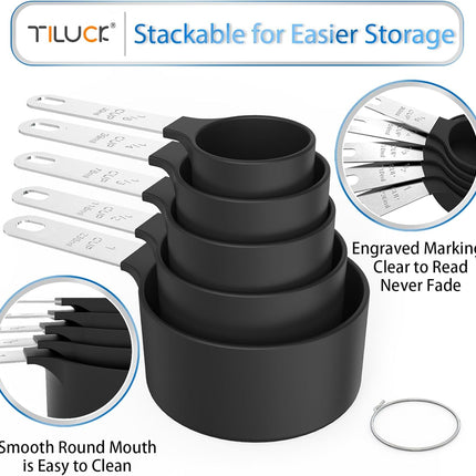 Black Measuring Cups & Spoons Set Stainless Steel Handle Stackable Baking