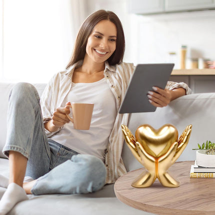 Home Mantel Decor Accents – Minimalist Heart & Peace Hand Sculpture, Small