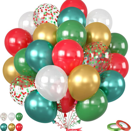 12" Christmas Balloons – Red, Green, White & Gold Latex Party Decorations