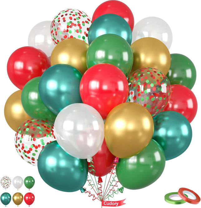 12" Christmas Balloons – Red, Green, White & Gold Latex Party Decorations