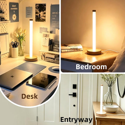 Wood Cylinder Table Lamp 360° Light Stepless Dimming 3 Color Temperatures USB