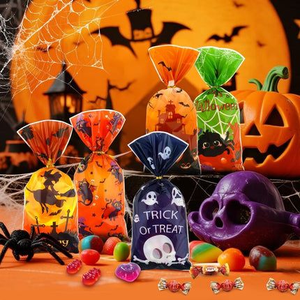 50-Piece Halloween Treat Bags, Clear Cellophane Candy Goodie Bags with Ties