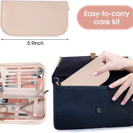 Portable 12-in-1 Nail Clipper Set – Pink Leather Bag, Ideal for Travel & Home