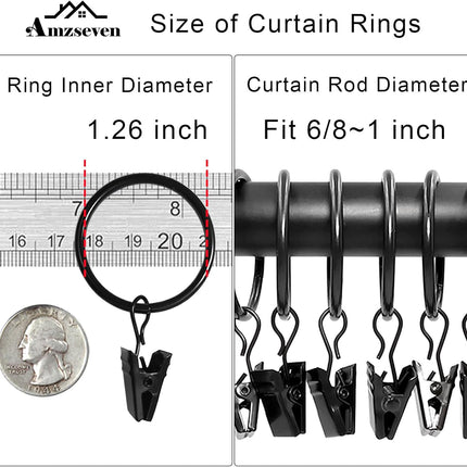 40-Pack Curtain Rings with Clips – 1.26" Inner Diameter, Fits 1" Rod, Black