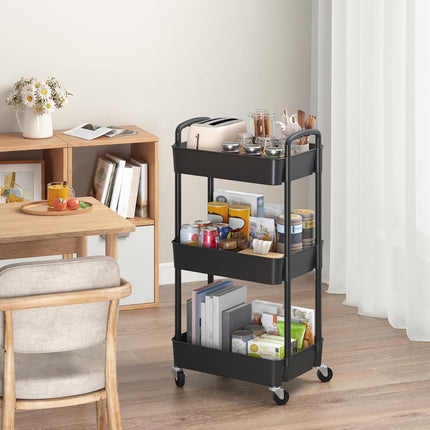 3-Tier Rolling Utility Cart with Wheels, Black Plastic Storage Trolley with Lockable Casters