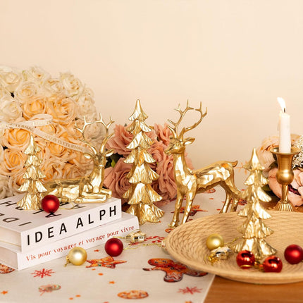 5Pcs Gold Reindeer & Christmas Tree Statue Set – Tabletop Holiday Decor (Gold/Silver)