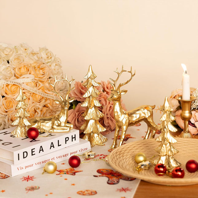 5Pcs Gold Reindeer & Christmas Tree Statue Set – Tabletop Holiday Decor (Gold/Silver)