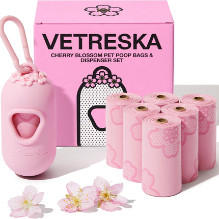 Dog Poop Bag Dispenser with Cherry Blossom Scented Bags – Leak-Proof, 105 Bags, Pink