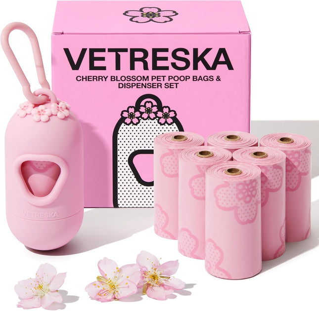 Dog Poop Bag Dispenser with Cherry Blossom Scented Bags – Leak-Proof, 105 Bags, Pink
