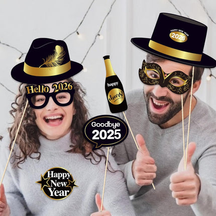 Black 2026 New Year Photo Booth Props – 25-Pc NYE Party Decorations