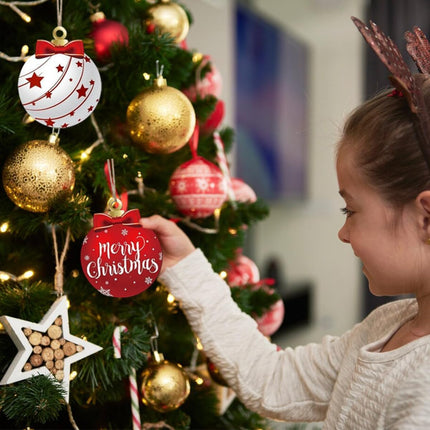 12-Piece Red and White Hanging Wooden Christmas Ball Ornaments – Winter Tree Decorations