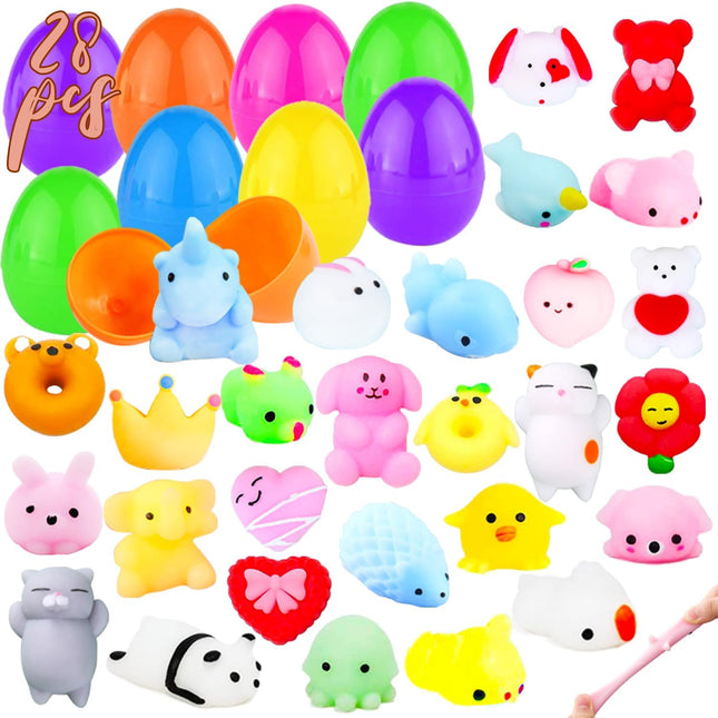 28PCS Easter Eggs + 28PCS Mochi Squishy Toys – Animal Squishies for Kids & Party Favors