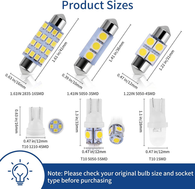 42Pcs LED Car Interior Light Bulb Kit, White Dome Map & Tail Lamps Set