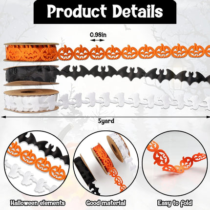 3-Roll Halloween Ribbon Set, 15 Yards, Pumpkin Bat Ghost Craft & Gift Wrapping