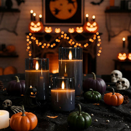 Grey Glass Flameless Candles – LED Pillar with Remote, Timer, Set of 3 (D3xH4, 5, 6)