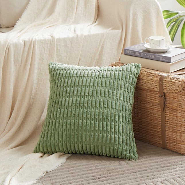 2-Pack Sage Green Throw Pillow Covers – 18x18”, Striped Corduroy, Farmhouse