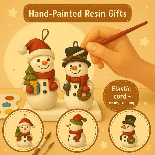Christmas Snowman Ornament Set, 2 Hand-Painted Resin Figurines with Hanging Cord