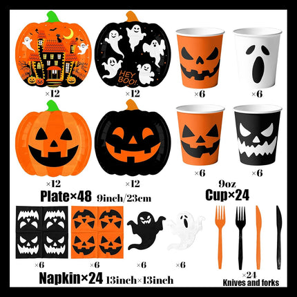 Halloween Party Tableware Set, Pumpkin Ghost Paper Plates, Cups & Napkins
