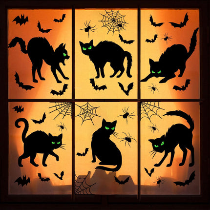 6-Sheet Halloween Black Cat Window Clings, Bat & Spider Web Silhouette Decals