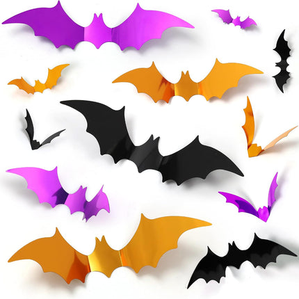 96PCS 3D Halloween Bat Stickers, Black Orange Purple, 5 Sizes, PVC Wall Decor
